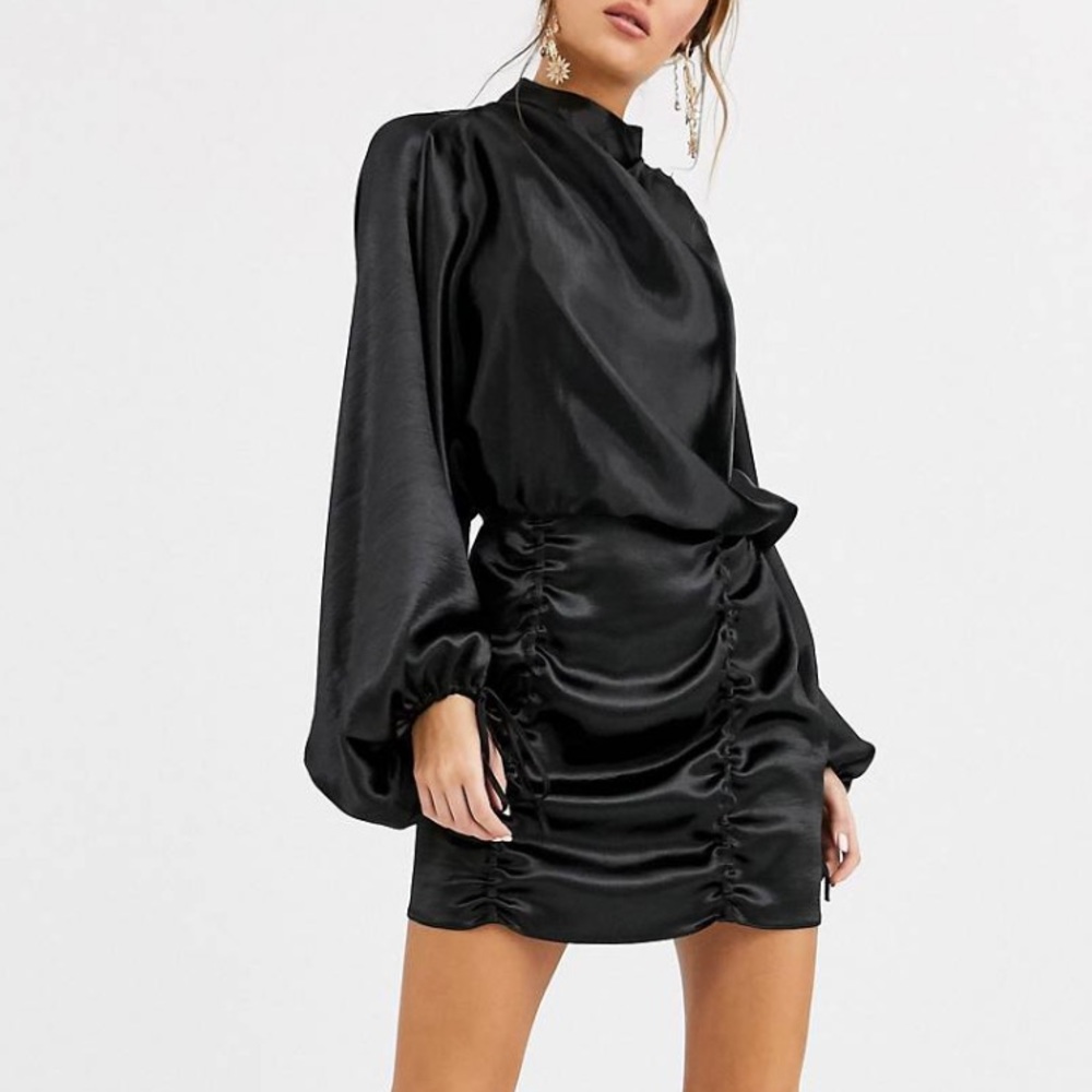 ASOS DESIGN satin mini dress with ruched skirt and blouson top